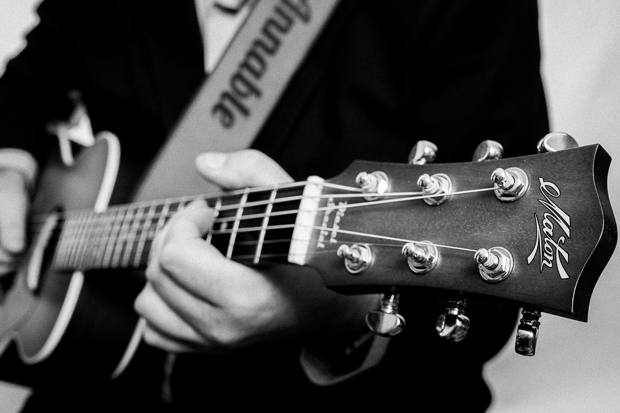 Black and white portrait of Chris Annable, guitarist photographed by Richard Mayle.