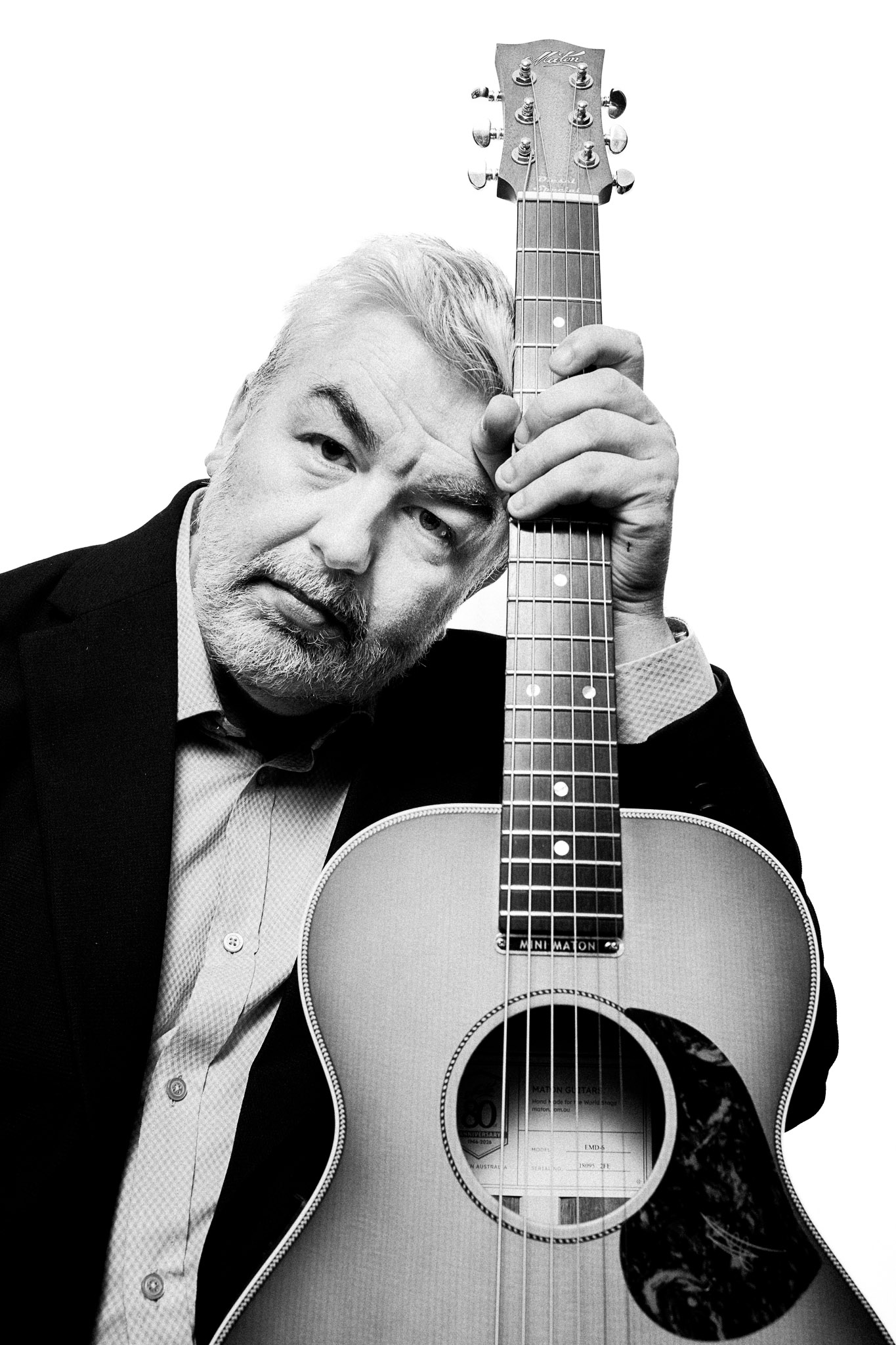 Black and white portrait of Chris Annable, guitarist photographed by Richard Mayle.
