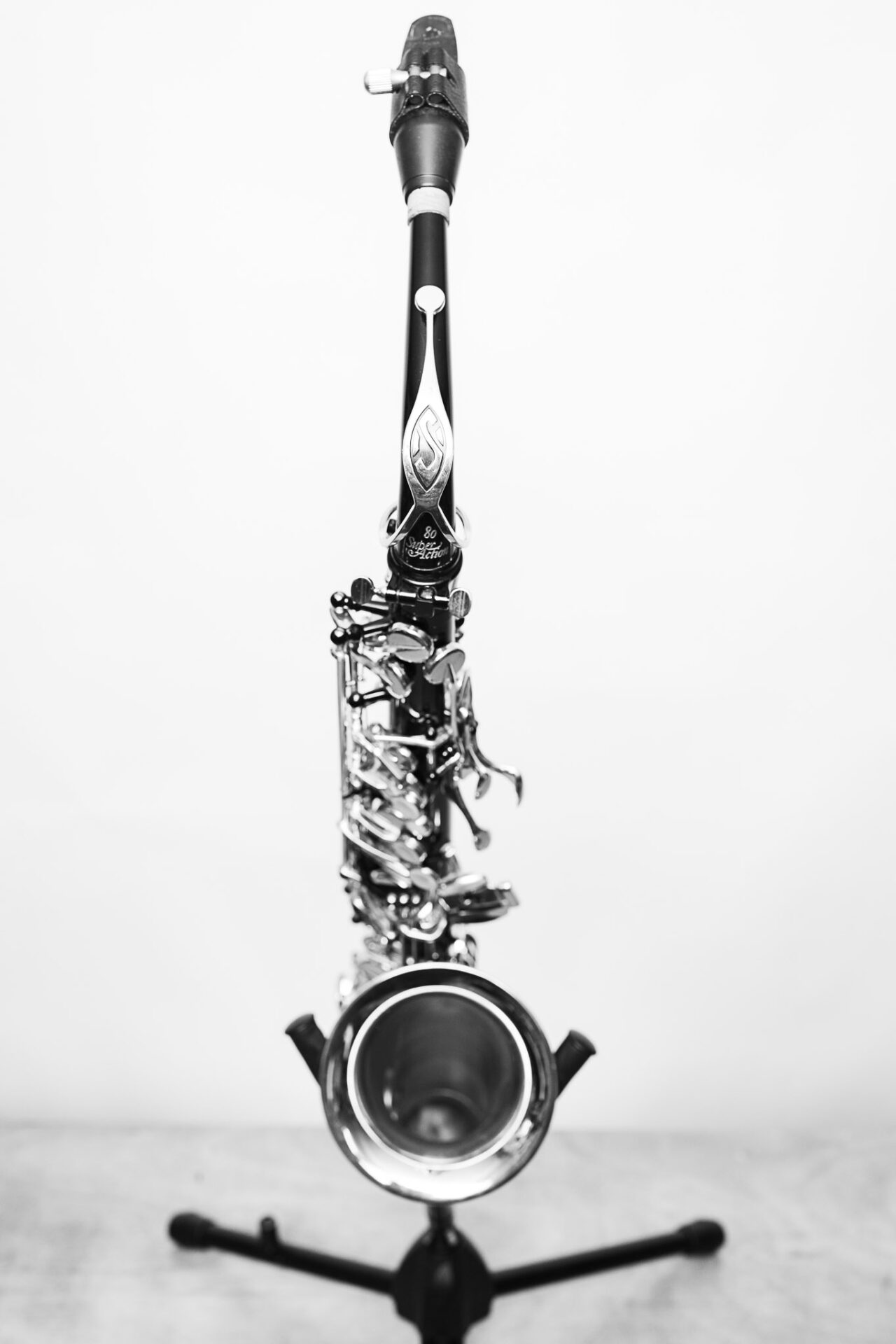 Black and white portrait of a saxophone by Richard Mayle.